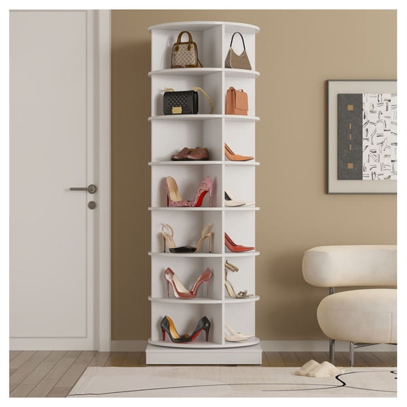 360 Rotating Shoe Cabinet - 28 Pair Shoe Storage Organizer - Space Saving Shoe Rack - Adjustable Shelves - Modern Home Entryway Shoe Tower