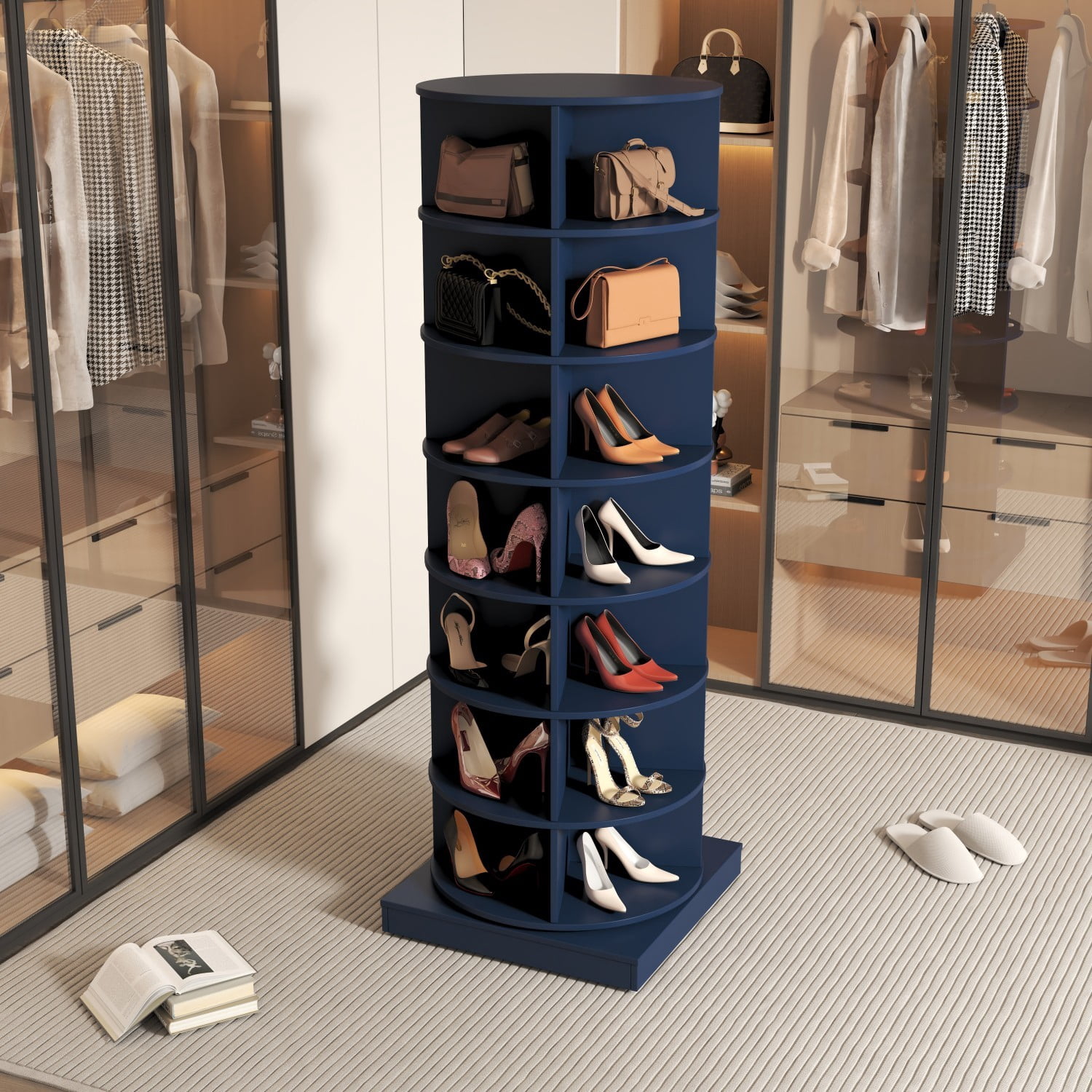 360 Rotating Shoe Cabinet, 7-Tier Large Capacity Shoe Rack Organizer for Entryway Bedroom Closet, Navy Blue