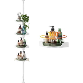 360° Rotating Shower Caddy Tension Pole with 4-Tier Rustproof Lazy Susan 35-128 Inch No Drilling Coner Shelves Adjustable Shower Rack for Bathroom Bathtub Washbasin Plant Storage (White+Green)
