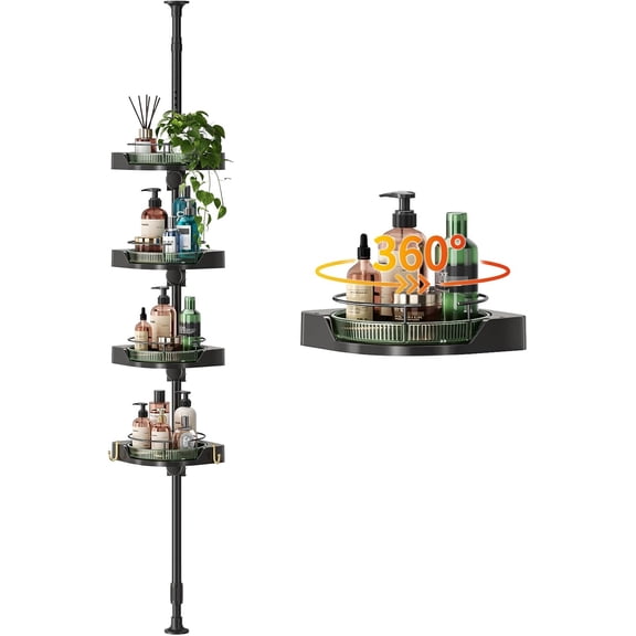 360° Rotating Shower Caddy Tension Pole with 4-Tier Rustproof Lazy Susan 35-128 Inch No Drilling Coner Shelves Adjustable Shower Rack for Bathroom Bathtub Washbasin Plant Storage (Black+Green)