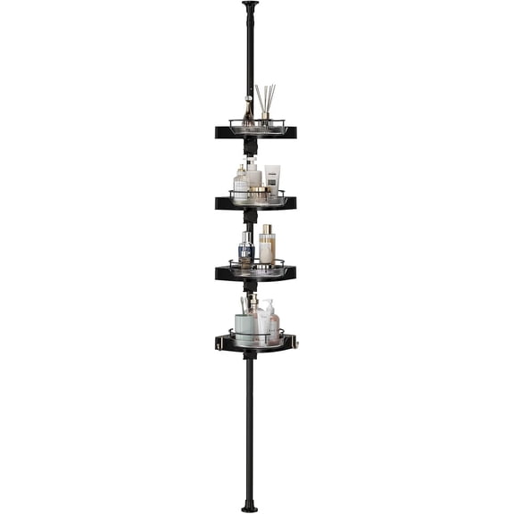 360° Rotating Shower Caddy Tension Pole, 4 Tiers Corner Shower Organizer for Bathroom Shelf Bathtub, Adjustable Standing Shower Rack Bathroom Accessories, Easily Assemble, 34-124 Inch Height, Black