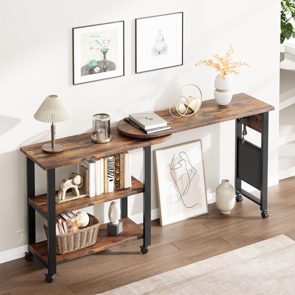 360° Rotating Sofa Side Table with Charging Station – 2-Tier Movable End Table, Extra Storage Pocket, 6 Lockable Wheels, Modern Versatile Coffee Table for Bedroom, Living Room, Office