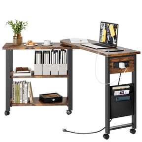 360° Rotating Sofa Side Table, Mobile End Table with 2-Tier Storage Shelves, Swivel Rolling Desk with 6 Lockable Wheels, Metal Frame, Movable Laptop Table Couch Snack Table for Home