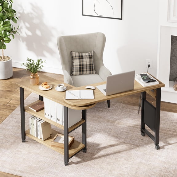 360° Rotating Sofa Side Table, Mobile End Table with 2-Tier Storage Shelves, Swivel Rolling Desk with 6 Lockable Wheels, Metal Frame, Movable Laptop Table Couch Snack Table for Home