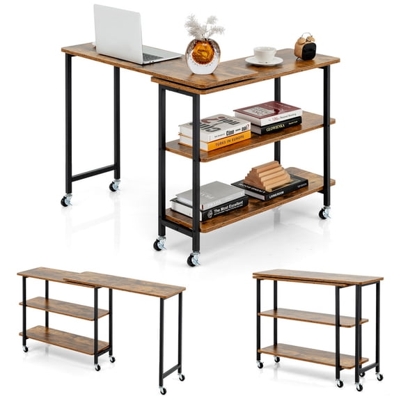 360° Rotating Sofa Side Table with 2-Tier Storage Shelves, Computer Desk End Table with Wheels,Brown