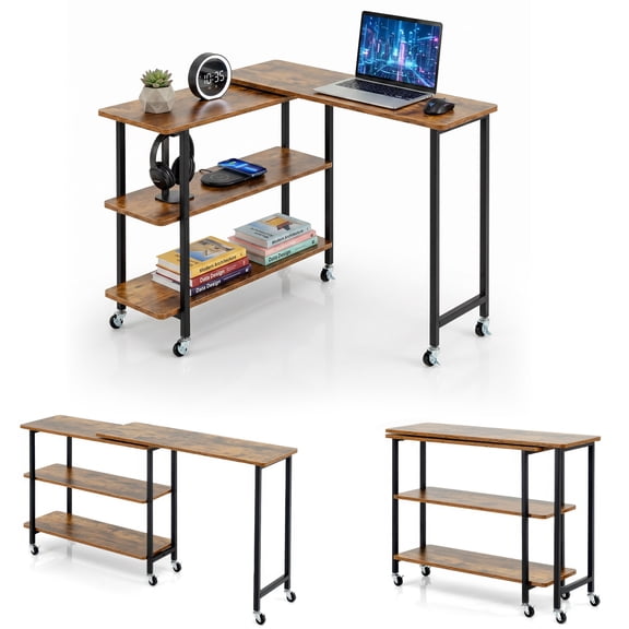 360° Rotating Sofa Side Table with 2-Tier Storage Shelves, Computer Desk End Table with Wheels,Brown
