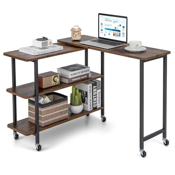 360° Rotating Sofa Side Table with 2-Tier Storage Shelves, Computer Desk End Table with Wheels,Rustic Brown