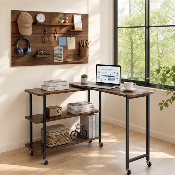 360° Rotating Sofa Side Table with 2-Tier Storage Shelves, Computer Desk End Table with Wheels,Rustic Brown