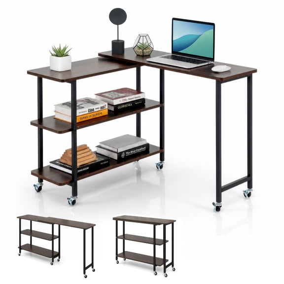 360° Rotating Sofa Side Table with 2-Tier Storage Shelves, Computer Desk End Table with Wheels,Walnut