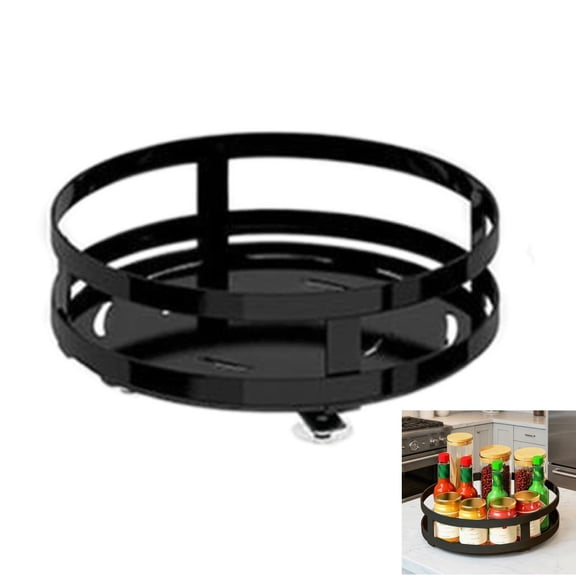 360° Rotating Spice Rack – Black Metal Countertop Organizer, Space Saving Spice Carousel for Kitchen & Desk Storage