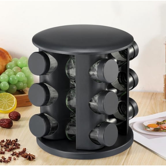 360 Rotating Spice Rack Organizer with 12 Glass Jars Stainless Steel Countertop Spice Carousel for Kitchen & Pantry | Modern Black Turntable Seasoning Rack for Easy Cooking Access