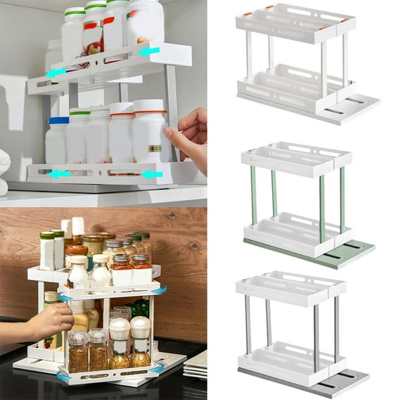360° Rotating Spice Rack Organizer | 2-Tier Pull-Out Storage Shelf | Multi-Functional Kitchen Cabinet & Refrigerator Organizer | White/Green/Gray | 29.5x20x16cm