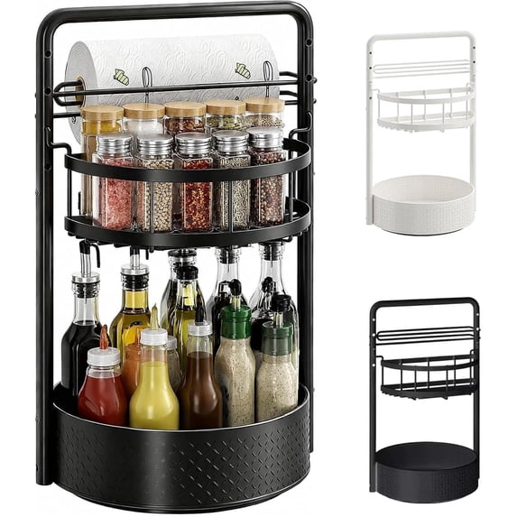 360° Rotating Spice Rack with Paper Towel Holder, New 2 Tier Height ...
