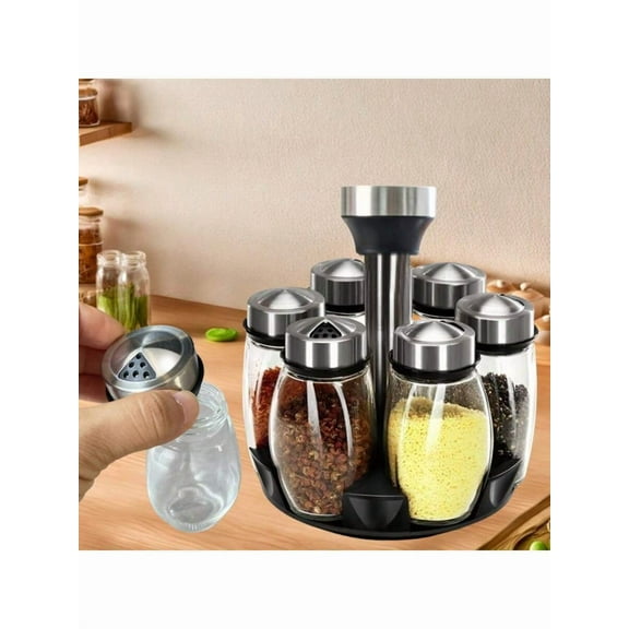 360 Rotating Spice Rack Tower Organizer with Glass Jars, 2-Tier Revolving Seasoning Carousel for Kitchen Countertop and Pantry, Refillable Spice Container Set for Cabinet Storage