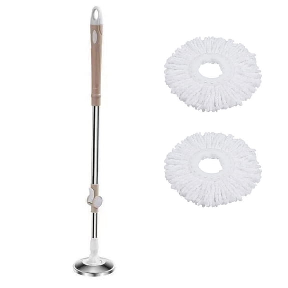 360° Rotating Spinning Mop Pole Handle Replacement with 2 Microfiber Mop Heads Khaki
