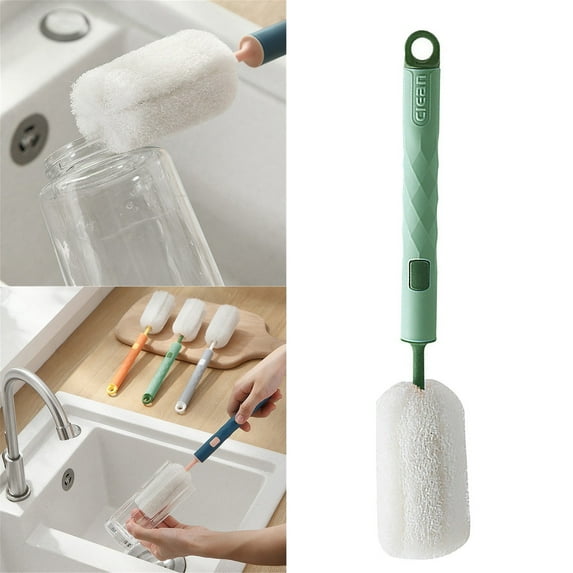 360° Rotating Sponge Bottle Brush - Long Handle Cleaner for Baby Bottles, Cups & Thermoses, Soft & Hanging Design