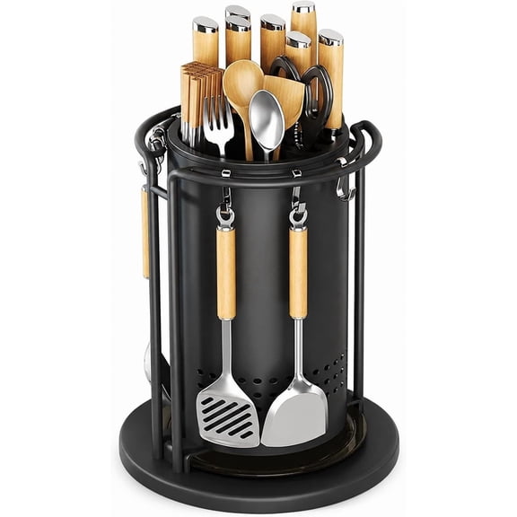 360 Rotating Stainless Steel Knife Holder, 360° Rotating Multi-Function Kitchen Countertop Storage, Removable Drip Tray & 6 Hook, Space Saving Cutlery Storage Rack (Black, Tall version)