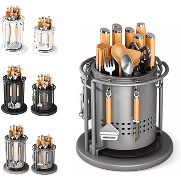 360 Rotating Stainless Steel Knife Holder, Block Utensil Organizer for Kitchen Countertop with Removable Drip Tray & 6 Hooks, Space Saving，Gray-Short