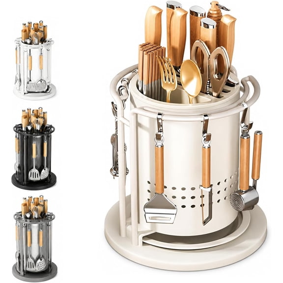 360 Rotating Stainless Steel Knife Holder, Cooking Utensil Dispenser Caddy Holder, Multi-Functional Kitchen Countertop Storage Organizer Set for Knife, Fork, Spoon,White:Short