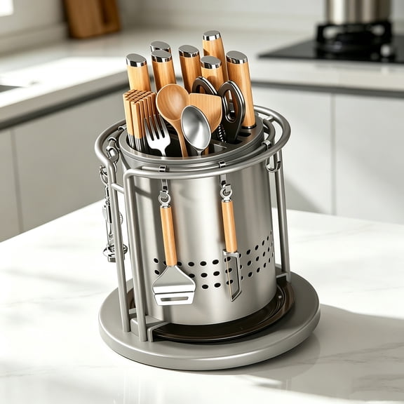 360 Rotating Stainless Steel Knife Holder, Cooking Utensil Dispenser Caddy Holder, Multi-Functional Kitchen Countertop Storage Organizer Set for Knife, Fork, Spoon，Gray：Short