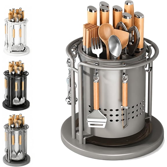 360 Rotating Stainless Steel Knife Holder, Cooking Utensil Dispenser Caddy Holder, Multi-Functional Kitchen Countertop Storage Organizer Set for Knife, Fork, Spoon,Gray:Short