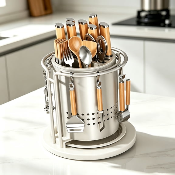 360 Rotating Stainless Steel Knife Holder, Cooking Utensil Dispenser Caddy Holder, Multi-Functional Kitchen Countertop Storage Organizer Set for Knife, Fork, Spoon,Gray:Short