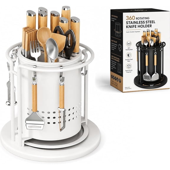 360 Rotating Stainless Steel Knife Holder, Countertop Caddy, Utensil Rack (White, Small)
