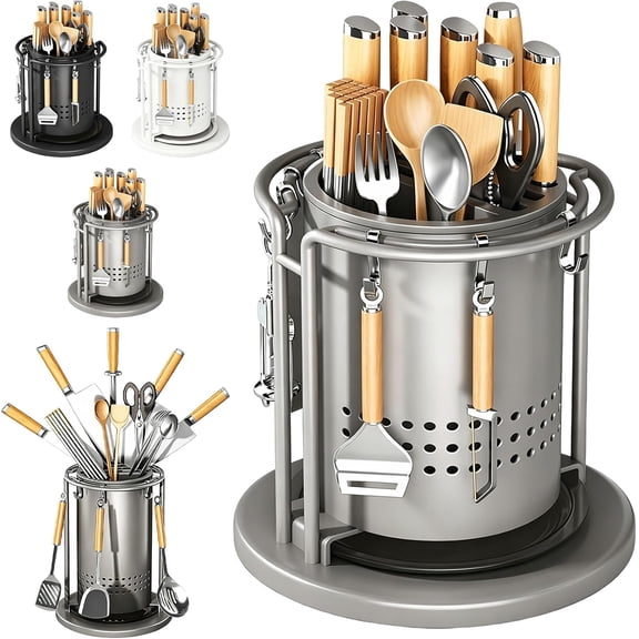 360° Rotating Stainless Steel Knife Holder, Kitchen Counter Organizer Universal Utensil Storage For Knives Scissors (1PC)