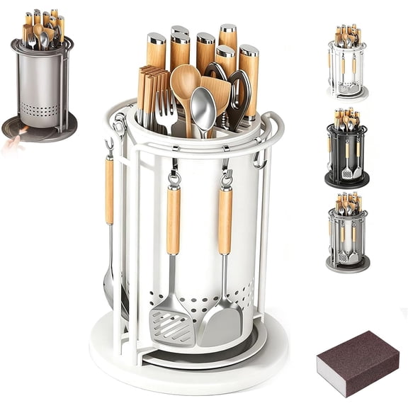 360° Rotating Stainless Steel Knife Holder & Organizer 2026 New Round Multi-Function Kitchen Countertop Storage with Removable Drip Tray & 6 Hooks Space Saving Cutlery Storage Rack (white)