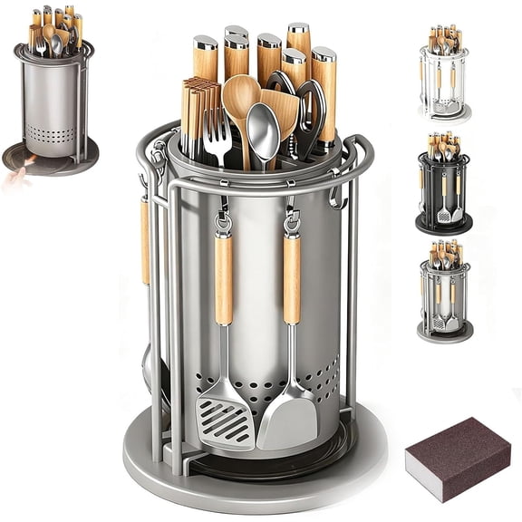360 Rotating Stainless Steel Knife Holder & Organizer | with Removable Drip Tray & 6 Hooks, Round Multi-Function Kitchen Countertop Storage, Universal Block & Utensil Organizer for Kitchen (gray)