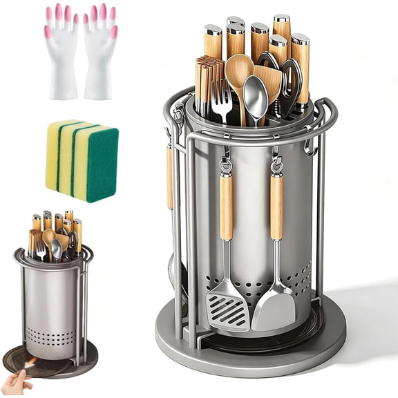 360 Rotating Stainless Steel Knife Holder, with Removable Drip Tray & 6 Hooks Space, Round Multi-Function Stainless Steel Kitchen Countertop Storage, Saving Cutlery Storage Rack | Metallic