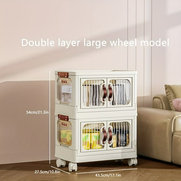 360° Rotating Storage Cabinet with Swivel Wheels, White Plastic Organizer with Locking Doors for Kitchen & Bedroom