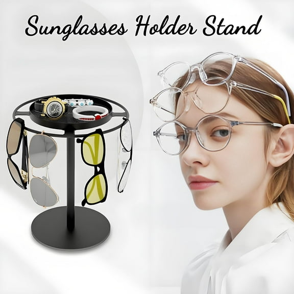 360° Rotating Sunglass Organizer Storage - Metal Glasses Holder Stand with Tray for Desk, Dresser, Tabletop, Nightstand & Home Decor Accessories