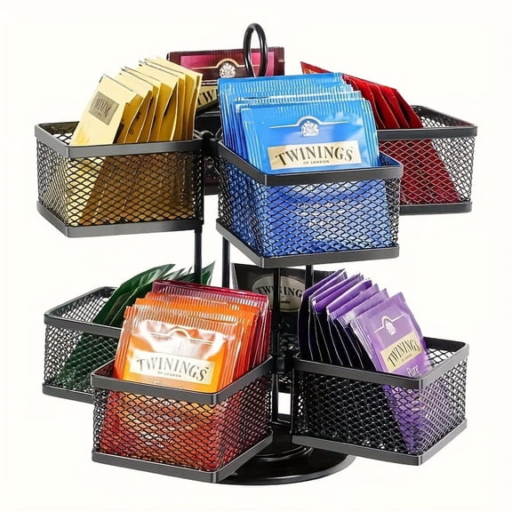 360 Rotating Tea Bag Organizer 8 Compartment Carousel Lazy Susan Base for Kitchen Coffee Bar