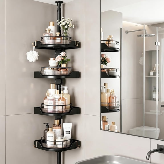 360 Rotating Tension Pole Caddy 4-Tier Corner Shower Organizer, Height Adjustable 33"124", Space-Saving for Bathroom, Kitchen Counter, Cabinet Gaps & Bathtub (black)