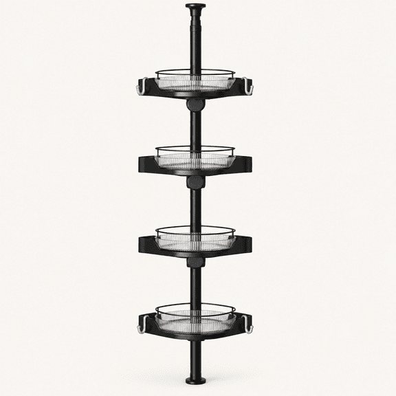 360 Rotating Tension Pole Caddy 4-Tier Corner Shower Organizer, Height Adjustable 33"124", Space-Saving for Bathroom, Kitchen Counter, Cabinet Gaps & Bathtub (black)
