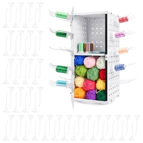 360° Rotating Thread Rack, 2-Tier Detachable Thread Spool Organizer with Storage Compartment for Sewing Embroidery Hair-Braiding, White Metal, 7.5 x 7.5 x 17.3 in