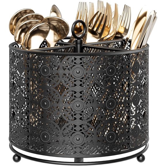 360 Rotating Utensil Caddy Countertop - Cutlery Silverware Caddy Holder with 4 Compartment - Higher Raised Flatware Organizer with Handle for Party Kitchen Counter Office Black