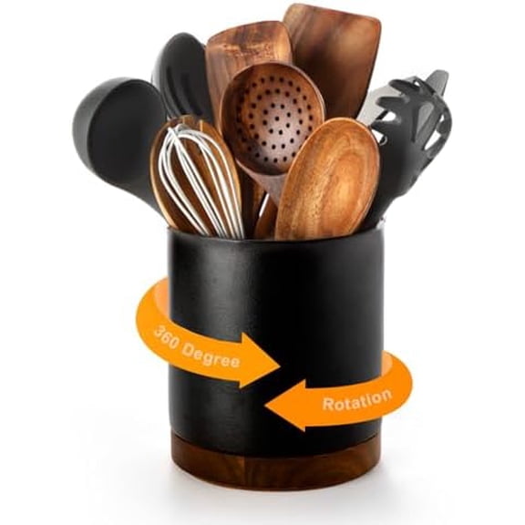 360°Rotating Utensil Holder, 7.2" Kitchen Utensil Crock, Ceramic Cooking Utensil Organizer with Countertop-Protection Cork Bottom for Farmhouse Kitchen Decor Christmas (Stone Black)