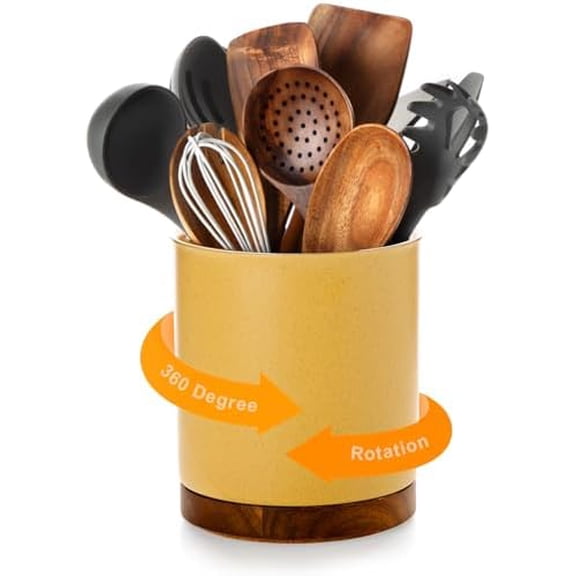 360°Rotating Utensil Holder, 7.2" Kitchen Utensil Crock, Ceramic Cooking Utensil Organizer with Countertop-Protection Cork Bottom for Farmhouse Kitchen Decor Christmas (Yellow Sand)