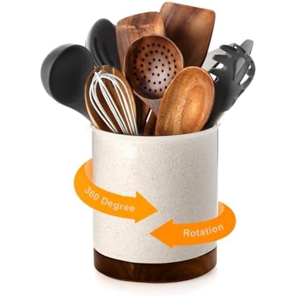 360°Rotating Utensil Holder, 7.2" Large Utensil Crock, Ceramic Cooking Utensil Organizer with Countertop-Protection Cork Bottom for Farmhouse Kitchen Decor Christmas Thanksgiving Gift (Sand)