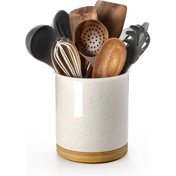 360 ° rotating cutlery rack, 7.2-inch large cutlery can, white ceramic cooking utensil storage box, with tabletop protection and cork bottom