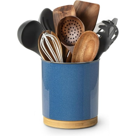 360° Rotating Utensil Holder, 7.2" Large Utensil Crock, White Ceramic Cooking Utensil Organizer with Countertop-Protection Cork Bottom for Farmhouse Kitchen Decor Gift