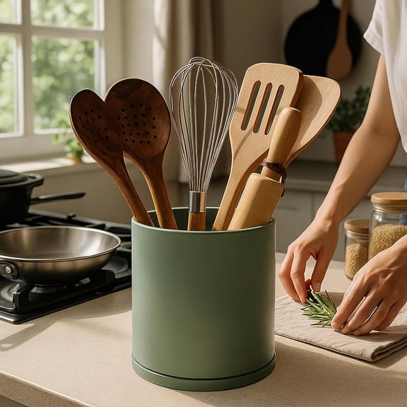 360 ° Rotating Utensil Holder Set – 7.2"+5" Kitchen Utensil Crocks for Countertop, Modern Cooking Tool Organizers for Kitchen Storage +Décor, Olive, Set of 2