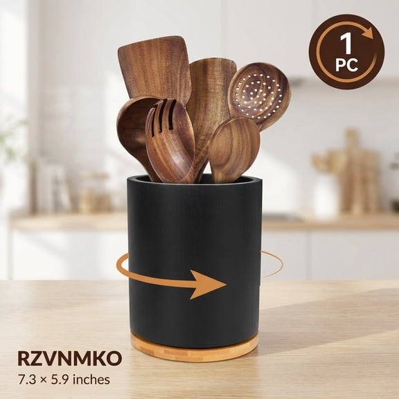 360° Rotating Utensil Holder Wooden Cooking Utensil Crock Waterproof Kitchen Cutlery Organizer for Countertop