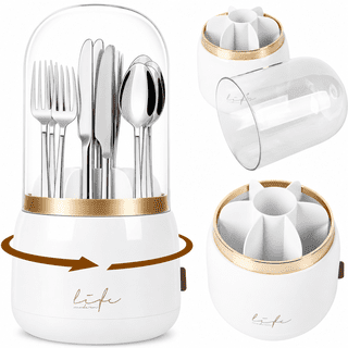 HBK Rotating Silverware Organizer with Lid - 7-Slot Kitchen Utensil Holder, Dust-Proof Cutlery Caddy with Drain for Countertop, White