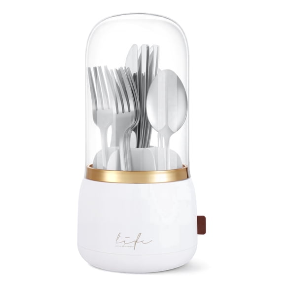 HBK Rotating Silverware Organizer with Lid - 7-Slot Kitchen Utensil Holder, Dust-Proof Cutlery Caddy with Drain for Countertop, White