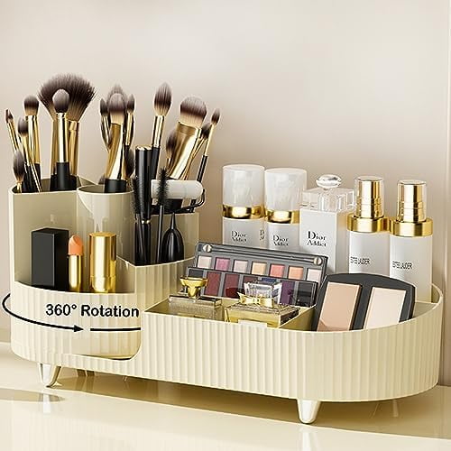 360° Rotating Vanity Makeup Organizer with Brush Holder, Large Spinning Cosmetic Storage for Skincare, Perfumes and Lotions