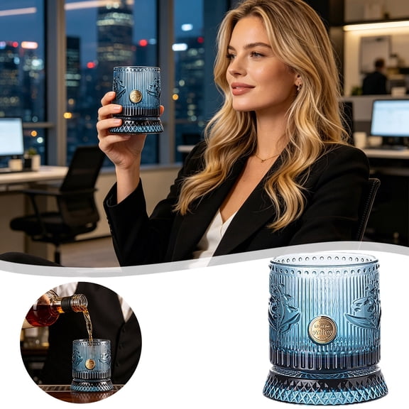 360° Rotating Whiskey Glass Lily Of The Valley Embossed Cup Spinning Aerating Rocks Glass For Cocktail Coffee Home(Blue-9.8Cm)