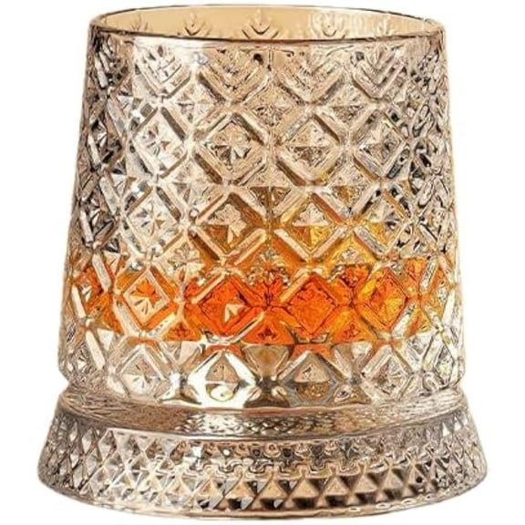 360° Rotating Whiskey Glass Tumbler, Spinning Crystal Wine Glass with Stress Relief Function, Stable Decoupled Base, Exquisite Embossed Patterns for Scotch,Bourbon,Cocktails (03)